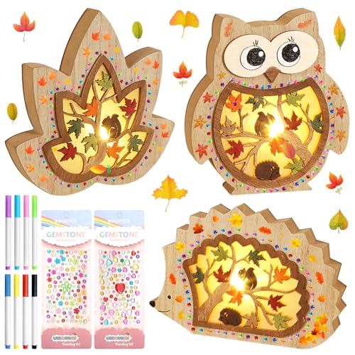 Lets Joy 3PCS LED-Stimmungsleuchten Herbst, Herbst Deko leuchten aus Holz, Igel Eule Eichhörnchen Herbst Dekoration LED, Herbst Lichterkette Tischdeko mit Aquarellstift Aufkleber Zubehör von Lets Joy