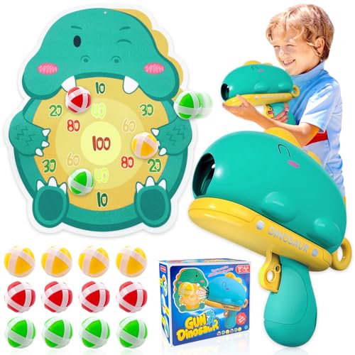 Lets Joy Dinosaurier Dartscheibe Schießspielzeug, Wurfspiel Spielzeugpistolen, Dinosaurier Kinder Klett Dartscheibe mit 12 Klebrigen Bällen, Indoor Outdoor Garten Spielzeug Deko Geschenk von Lets Joy