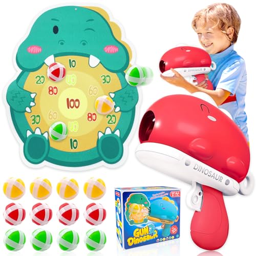 Lets Joy Dinosaurier Dartscheibe Schießspielzeug, Wurfspiel Spielzeugpistolen, Dinosaurier Kinder Klett Dartscheibe mit 12 Klebrigen Bällen, Indoor Outdoor Garten Spielzeug Deko Geschenk von Lets Joy