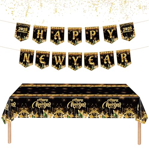 Lets Joy Frohes Neues Jahr Tischdecken, 137x 274cm Tischdecke Silvester, Happy New Year Banner, Neujahr Banner, Silvester Deko, Silvester Deko Accessoire, Schwarz Gold Silvesterdeko 2025 von Lets Joy