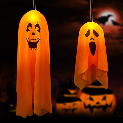 Lets Joy Halloween Geist Hängende Anhänger, 2 Stück Halloween Deko Leuchtendes Geister, LED Geister für Halloween Deko, Halloween Geistergesicht mit Lichter, Halloween Garten Party Ornamente Deko von Lets Joy