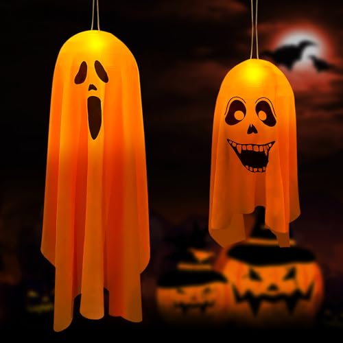 Lets Joy Halloween Geist Hängende Anhänger, 2 Stück Halloween Deko Leuchtendes Geister, LED Geister für Halloween Deko, Halloween Geistergesicht mit Lichter, Halloween Garten Party Ornamente Deko von Lets Joy