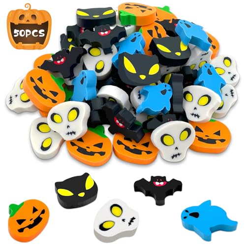 Lets Joy Halloween Mini Radiergummis, 50 Stück Radiergummi Halloween, Radiergummi Kinder Set, Fledermaus Kürbis Schädel Radiergummis, Halloween Karneval Party Favors Mitgebsel Spiele Preise von Lets Joy