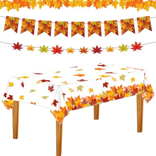 Lets Joy Herbst Tischdecke, 137x 274cm Herbst Tischwäsche, 2PCS Herbst Girlande, Thanksgiving Kunststoff Tischdecken, Ahornblatt Banner, Kürbis Erntedankfest Herbsternte Party Dekorationen von Lets Joy