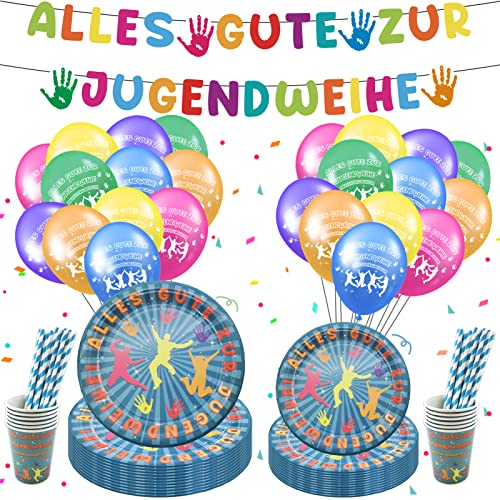 Lets Joy Jugendweihe Party Deko Set, 85 Stück Jugendweihe Geschirr, Partygeschirr Dekoration, Feste Feiern Jugendweihe Deko, Glückwunsch Luftballons Becher Partygeschirr Wimpel Set Party Deko von Lets Joy