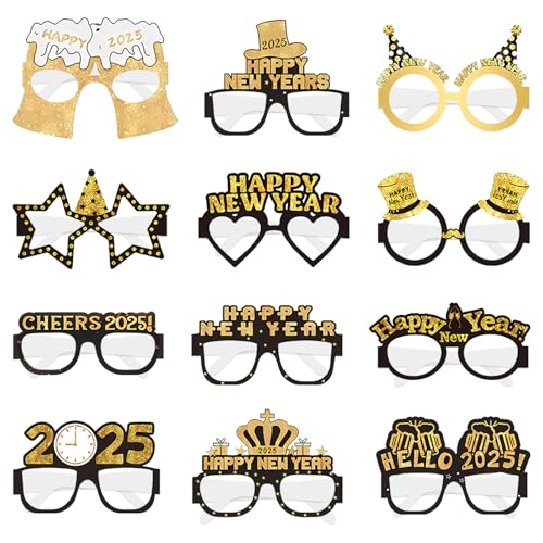 Lets Joy Silvester Brille 2025, 12 Stück Happy New Year Brillen, Frohes Neues Jahr Brillen, Neujahr Accessoires, Neujahrsdeko Brille, Party Photo Booth Requisiten, Silvester Party Mitgebsel von Lets Joy