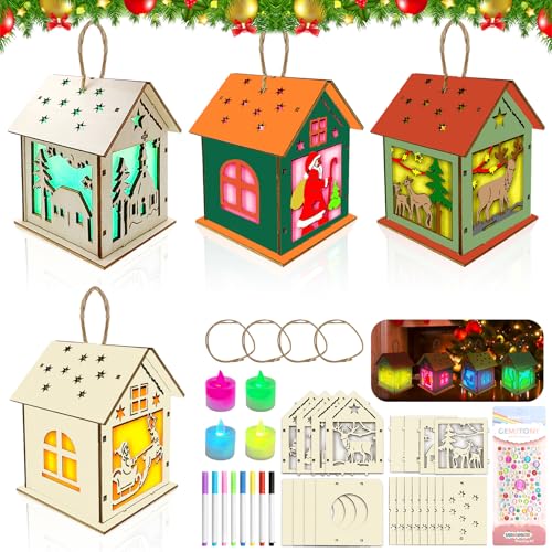 Lets Joy Weihnachtshaus Basteln Kinder, 4 Stück Weihnachten Haus Bastelset, DIY Weihnachtlicher Holzbausatz, Kreativsets Basteln mit Seil Aufgehängt Kinder Weihnachtsdeko Partygeschenke von Lets Joy