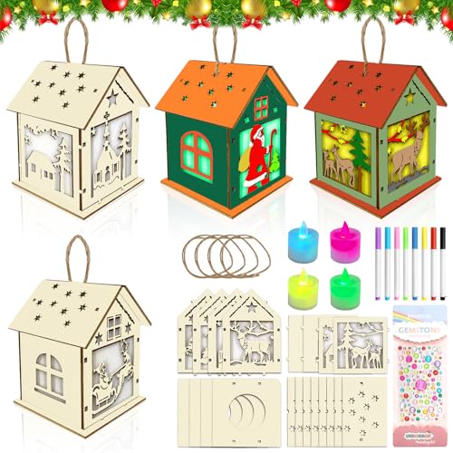 Lets Joy Weihnachtshaus Basteln Kinder, 4 Stück Weihnachten Haus Bastelset, DIY Weihnachtlicher Holzbausatz, Kreativsets Basteln mit Seil Aufgehängt Kinder Weihnachtsdeko Partygeschenke von Lets Joy