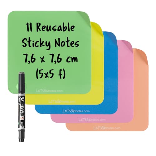 LETSGONOTES Mini Quadratische Mehrfarbig, 25 Reusable Posit + Folienstift Abwischbar. Überall Anbringen und Abnehmen ohne Papier von LetsGo letsgonotes