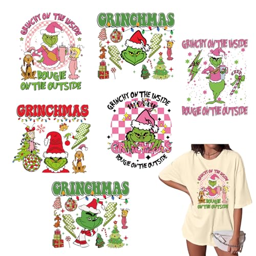 6 Bögen Weihnachten Bügelbilder für T-Shirts, grünes Monster, Weihnachten, Wärmetransfer-Aufkleber, niedliches Cartoon-Weihnachtsdesign, Weihnachten, zum Aufbügeln für Kleidung, Taschen, Kissenbezüge, von Letswin