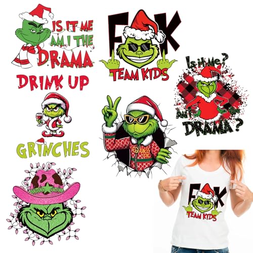 6 Stück Weihnachts-Aufkleber zum Aufbügeln, lustige Cartoon-Wärmetransfer-Aufkleber, niedliches grünes Monster, Weihnachtsdesign, zum Aufbügeln, Vinyl-Flicken für Kleidung, T-Shirts, Hoodies, von Letswin