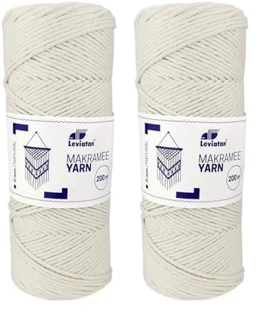 LEVIATAN Natürliches Makramee garn - 200m superweiche Makramee Schnur mit 3mm Einfachdrehung - 100% makramee Baumwolle Baumwollfadenseil für Basteln Natürliche Farbe (Packung mit 2) von Leviatan