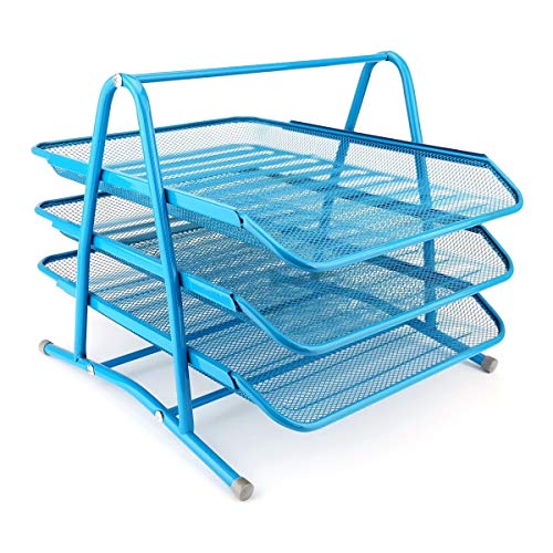 Leviatan Metall Ablage Ablagefächer | Büro Organizer Schreibtisch | Schubladen für Dokumente | 3 Schubfächer Briefablage Dokumentenablage A4 Organizer Mesh | Blau von Leviatan