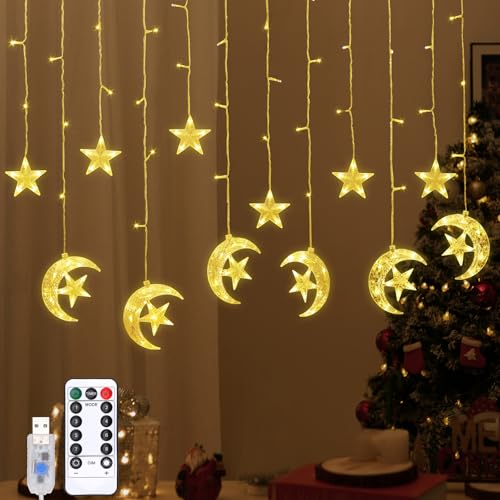 Lewondr 138 LED Stern Mond Vorhang Lichter, Hängende Lichterkette mit 6H Timer & 8 Modi, USB & Fernbedienung Ramadan Zeichenfolge Lichter für Weihnachten Schlafzimmer Indoor Dekoration,Warmes Licht von Lewondr