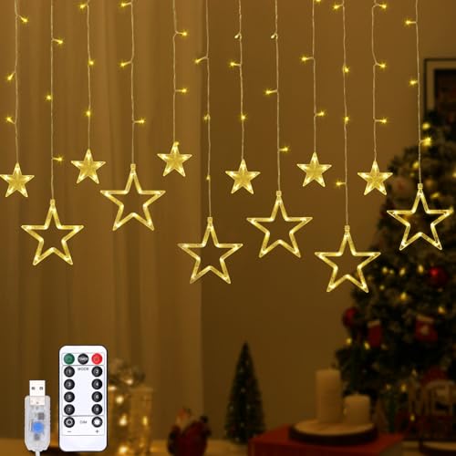 Lewondr 138 LED Stern Vorhang Lichter, Hängende Lichterkette mit 6H Timer & 8 Modi, USB & Fernbedienung Zeichenfolge Lichter für Weihnachten Schlafzimmer Indoor Dekoration, Warme Licht von Lewondr