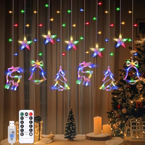 Lewondr 138 LED Weihnachtsvorhang Lichter, Rentier Glocke Weihnachtsbaum Hängende Lichter mit 6H Timer & 8 Modi, USB Betriebene Lichterketten, Weihnachtsdekoration für Home Party Indoor, Buntes Licht von Lewondr