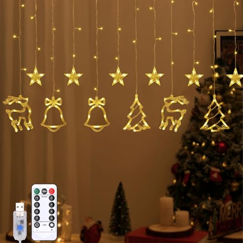 Lewondr 138 LED Weihnachtsvorhang Lichter, Rentier Glocke Weihnachtsbaum hängende Lichterkette mit 6H Timer & 8 Modi, USB betriebene Lichterketten, Weihnachtsdekoration für Haus Party, Warmes Licht von Lewondr