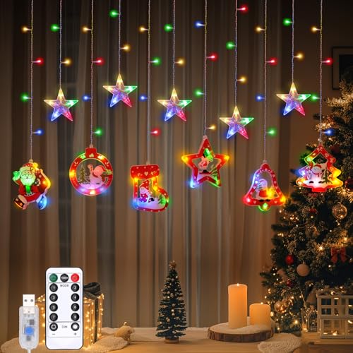 Lewondr 138 LED Weihnachtsvorhang Lichter, Weihnachtsmann Schneemann hängende Lichterkette mit 6H Timer & 8 Modi, USB Betriebene Lichterkette, Weihnachtsdekoration für Indoor Ornament, Buntes Licht von Lewondr