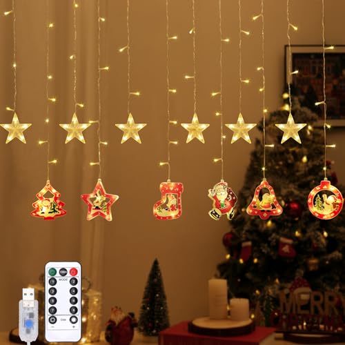 Lewondr 138 LED Weihnachtsvorhang Lichter, Weihnachtsmann Schneemann hängende Lichterkette mit 6H Timer & 8 Modi, USB Betriebene Lichterkette, Weihnachtsdekoration für Indoor Ornament, Warmes Licht von Lewondr