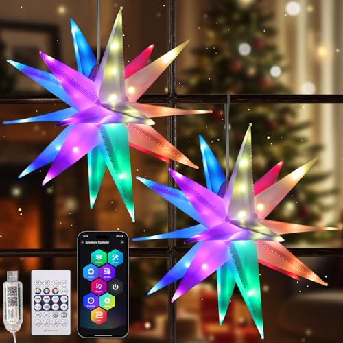 Lewondr 2 Stück Hängend Weihnachtsdeko Aussen Led Stern,40cm Weihnachtsstern Fenster Deko mit Intelligent APP-Fernbedienung & Timer,3D USB Hängend Sternlicht Weihnachtsdekoration im Freien,Mehrfarbig von Lewondr