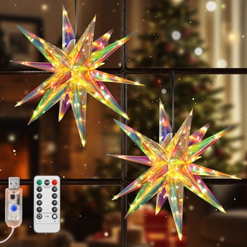 Lewondr 2 Stück Hängend Weihnachtsdeko Aussen Led Stern,40cm Weihnachtsstern Fenster Deko mit Intelligent APP-Fernbedienung & Timer,3D USB Hängend Sternlicht für innen und außen,Warmes Licht von Lewondr