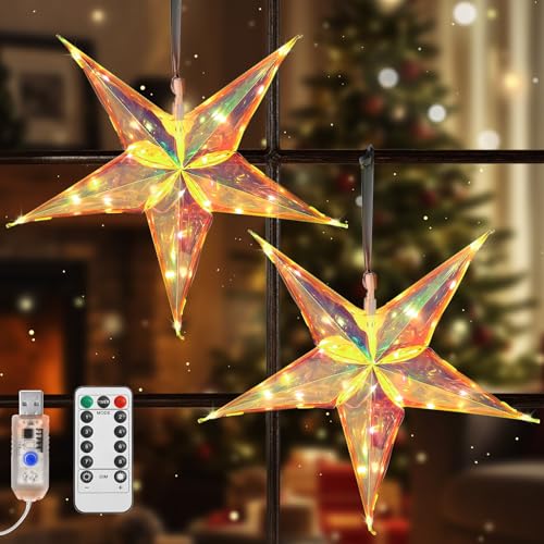 Lewondr Christbaumspitze Phantom-Pentagramm, 2 PCS Hhängende 3D Stern in Der Christbaumspitze mit 6H Timer-Funktion, 13 Zoll 8 Lichtmodi & USB Betriebene Beleuchtete Baumkrone für Haus Terrasse Kamin von Lewondr