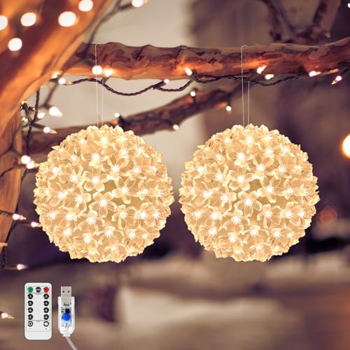 Lewondr LED Kugel Weihnachtsfensterbeleuchtung, 2 Stück 14 cm Batteriebetrieb Kirschblüten Deko Pendelleuchte mit 100 LED Lämpchen, Hängend LED Deko Weihnachtsbeleuchtung Fenster Innen Außen, Warmweiß von Lewondr