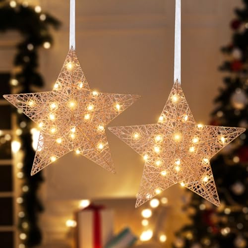 Lewondr LED Weihnachtsdeko Aussen Stern 2 Stück, 20cm Sternform Weihnachtsdeko, Weihnachtsfensterbeleuchtung Hängelampe LED Deko Weihnachtsbeleuchtung Fenster für Innen & Außen, Gold von Lewondr