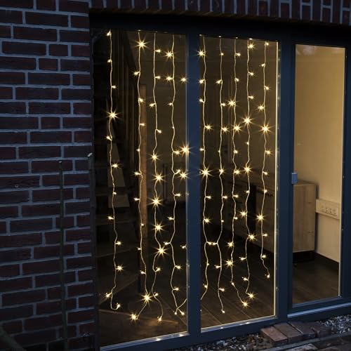 Lichtervorhang bodentiefe Fenster und Balkontüren 120 warmweiße LEDs | 1m x 2m | 10 Lichtstränge mit je 12 LED Lampenabstand 16,7cm transparentes Kabel | Zuleitung 5m IP44 Außenbereich Stromsparend von Lex Light