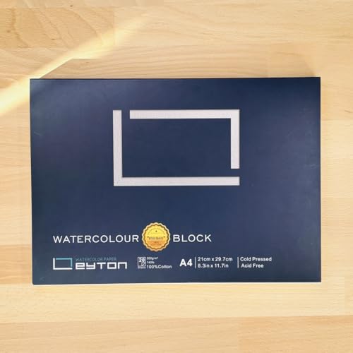 Leyton Papier Neuheit Aquarellblock A4 100% Baumwolle, feine Körnung, kaltgepresst, 300g/m², 21 x 29,7 cm, 20 Blatt, 4-seitig geleimt, ungebleicht, säurefrei, Künstlerqualität von Leyton