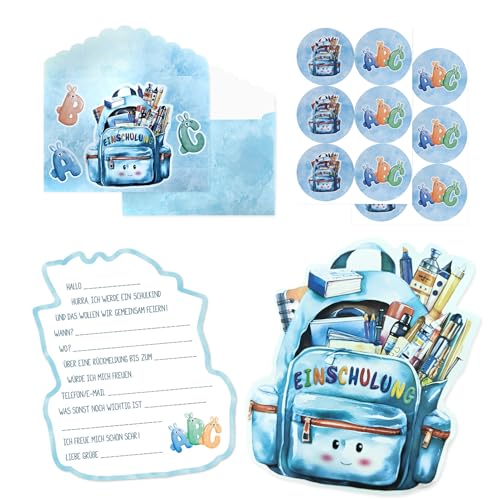 12 x Einschulung Einladungskarten Junge Blau,Einschulung Karten mit Umschlägen Aufkleber,Einladung Skarte im süßem Schultaschen-Design,Einladung einschulung,Schulanfang Einladungen für Junge Mädchen 12 x Einschulung Einladungskarten Junge Blau,Einschulung Karten mit Umschlägen Aufkleber,Einladung Skarte im süßem Schultaschen-Design,Einladung einschulung,Schulanfang Einladungen für Junge Mädchen von Lezehea