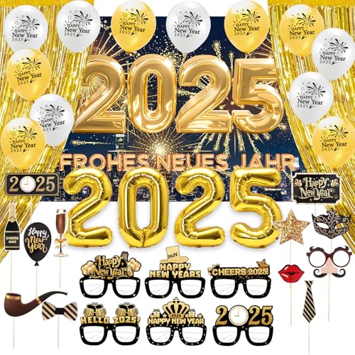 Silvester Deko 2025 Party Set,Neujahr Deko 2025 - 2025 - mit über 50 Teilen,Folienballons,Banner, Gold Lametta Vorhang,Gold Luftballon,Partygläser,für Neujahrsdekorationen, Silvesterparty（gold） von Lezehea