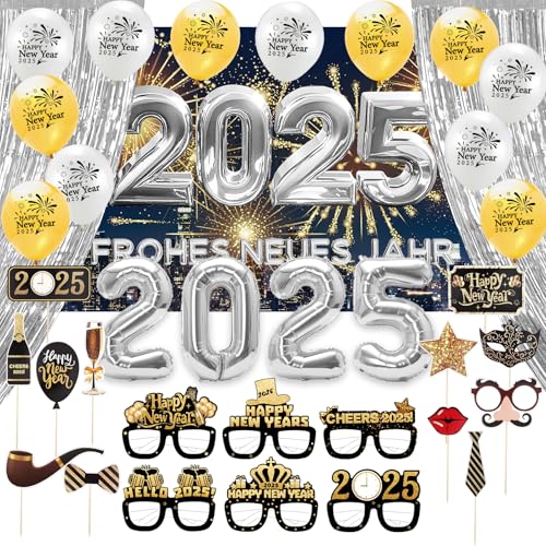 Silvester Deko 2025 Party Set,Neujahr Deko 2025 - 2025 - mit über 50 Teilen,Folienballons,Banner, Gold Lametta Vorhang,Gold Luftballon,Partygläser,für Neujahrsdekorationen, Silvesterparty (Silber) von Lezehea