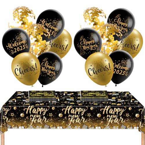 Tischdecke Silvester Deko 2025, 2025 Silvester Party Zubehör,20St Silvester Servietten, 137x274cm New Year Tischdecke Rechteckige, Schwarzgold von Lezehea