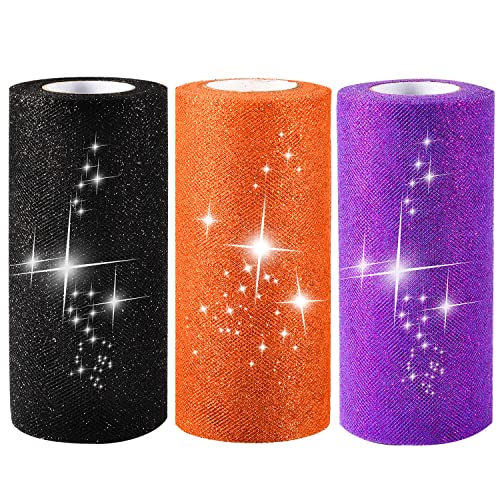 Lezevn 3 Rollen Halloween Glitzer Sparking Tüll Rolle Glitzer Tüll Stoffband Schwarz Orange Lila Glitzer Tüllband Rolle für Schleifenherstellung Tutu Rock Blumenkranz Weihnachtsbaum Deko von Lezevn