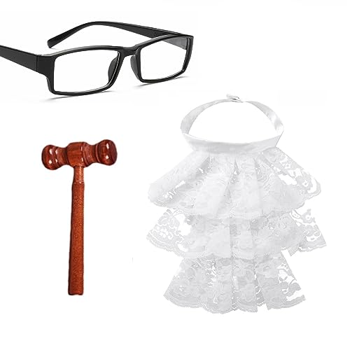 Lezevn 3Pcs Richter Kostüm Zubehör Richter Holz Hammer Richter Bluse Kragen Schwarze Brille Halloween Richter Cosplay Gefälligkeiten von Lezevn