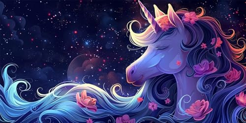 Diamond Painting Einhorn, 5D Diamant Painting Bilder Blume Diamond Painting Erwachsene Kinder Strass Stickerei Paintings Kits für Schlafzimmer Deko Wohnzimmer, Geschenke für Frauen,70x140cm-64 von Lezewege