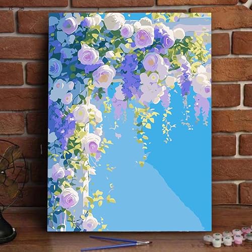 Landschaft Malen Nach Zahlen Erwachsene Bastelset, Paint by Numbers Blume Malen Nach Zahlen Anfänger, DIY Ölgemälde Leinwand Set mit 3 Set Pinsels und Farbe, Zimmer Deko 40x30 cm, Geschenk für Frauen von Lezewege