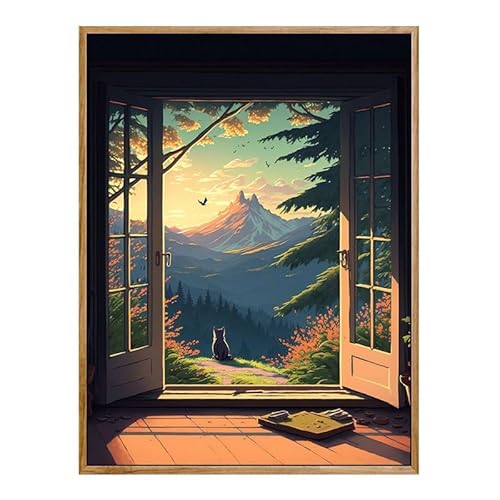 Landschaft Malen Nach Zahlen Erwachsene Bastelset, Paint by Numbers Katze Malen Nach Zahlen Anfänger, DIY Ölgemälde Leinwand Set mit 3 Set Pinsels und Farbe, Zimmer Deko 45x60 cm, Geschenk für Frauen von Lezewege