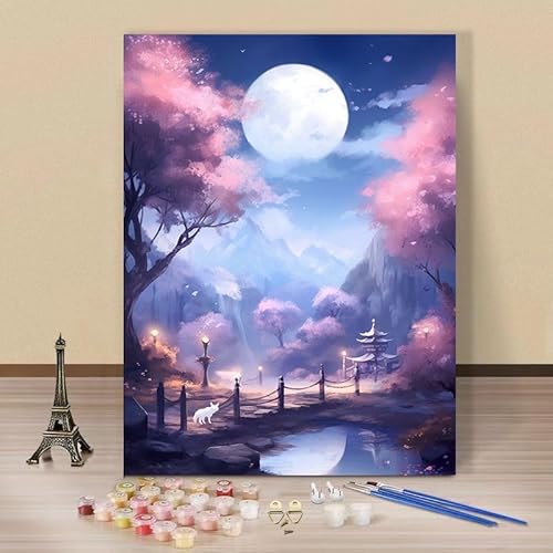 Landschaft Malen Nach Zahlen Erwachsene Bastelset, Paint by Numbers Mond Malen Nach Zahlen Anfänger, DIY Ölgemälde Leinwand Set mit 3 Set Pinsels und Farbe, Zimmer Deko 90x120 cm, Geschenk für Frauen von Lezewege