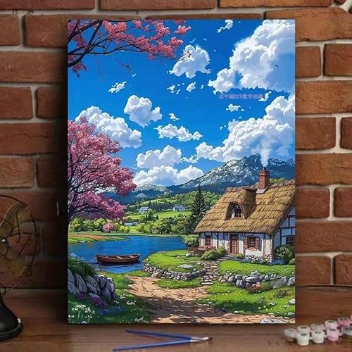 Landschaft Malen Nach Zahlen Erwachsene Bastelset, Paint by Numbers See Malen Nach Zahlen Anfänger, DIY Ölgemälde Leinwand Set mit 3 Set Pinsels und Farbe, Zimmer Deko 25x50 cm, Geschenk für Frauen von Lezewege