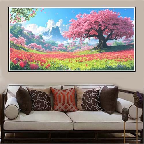 Malen Nach Zahlen Groß XXL 120x60cm Rosa Baum Malen Nach Zahlen Erwachsene Landschaft, Malen Nach Zahlen Erwachsene Leinwand AnfäNger, Acrylfarbe Ölgemälde Set, Bastelset Frauen für Home Decor -146 von Lezewege