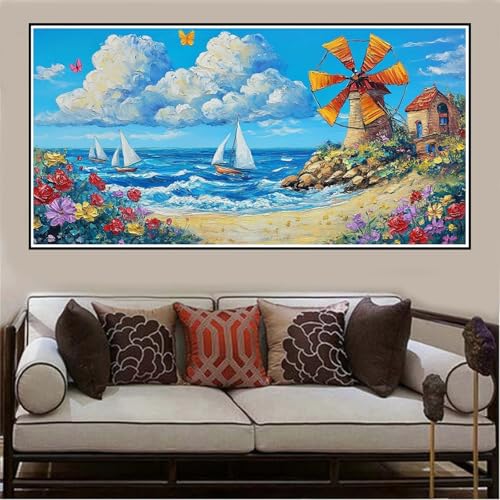 Malen Nach Zahlen Groß XXL 120x60cm Segelboot Malen Nach Zahlen Erwachsene Windmühle, Malen Nach Zahlen Erwachsene Leinwand AnfäNger, Acrylfarbe Ölgemälde Set, Bastelset Frauen für Home Decor -131 von Lezewege