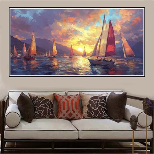 Malen Nach Zahlen Groß XXL 140x70cm Segelboot Malen Nach Zahlen Erwachsene Sonnenuntergang, Malen Nach Zahlen Erwachsene Leinwand AnfäNger,Acrylfarbe Ölgemälde Set,Bastelset Frauen für Home Decor -135 von Lezewege