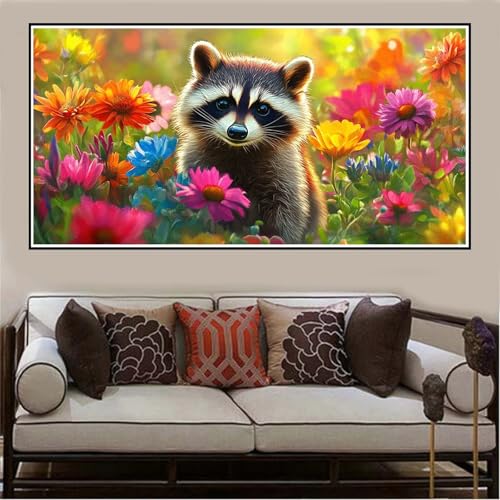 Malen Nach Zahlen Groß XXL 80x40cm Waschbär Malen Nach Zahlen Erwachsene Blume, Malen Nach Zahlen Erwachsene Leinwand AnfäNger, Acrylfarbe Ölgemälde Set, Bastelset Frauen für Home Decor,Rahmenlos -492 von Lezewege