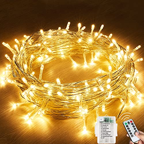 Lezonic Lichterkette Außen Batterie, 120LED Lichterkette 8 Modi Warmweiß Lichterkette Außen/Innen, IP65 Wasserdichte Außenlichterkette mit Fernbedienung Timer für Möbel,Balkone, Gärten, Partys von Lezonic