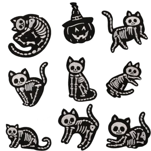 Aufnäher zum Aufbügeln, Motiv: Totenkopf, Katzen, Kürbis-Reparaturflicken für Jeans, Taschen, Dekoration, 9 Stück Aufnäher zum Aufbügeln, Motiv: Totenkopf, Katzen, Kürbis-Reparaturflicken für Jeans, Taschen, Dekoration, 9 Stück von LfrXtra