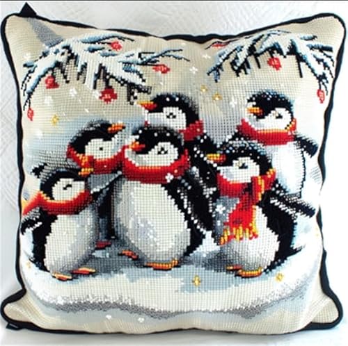 Lfynior DIY Kreuzstichkissen Pinguin Stickkissen mit Muster 45X45cm Stickpackung Stickset Kreuzstich Kissen zum Basteln Stickkissen Stickpackung mit Vorgedruckt Kreuzstichmotiv von Lfynior