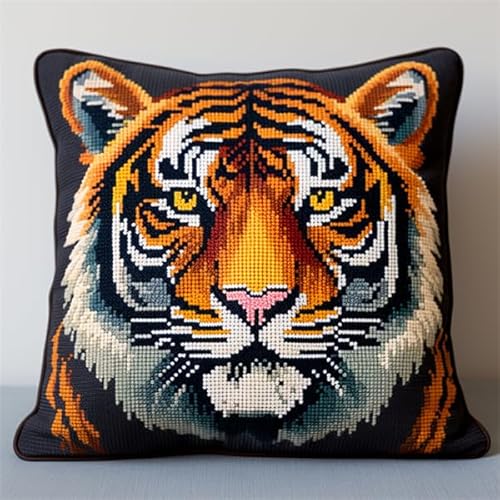 Lfynior Kreuzstich Kissen Set Tiger Stickkissen mit Muster 45X45cm Stickpackung Stickset Kreuzstich Kissen zum Basteln Stickkissen Stickpackung mit Vorgedruckt Kreuzstichmotiv von Lfynior