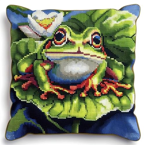 Lfynior Kreuzstichkissen Set Frosch Stickkissen mit Muster 45X45cm Stickpackung Stickset Kreuzstich Kissen zum Basteln Stickkissen Stickpackung mit Vorgedruckt Kreuzstichmotiv von Lfynior